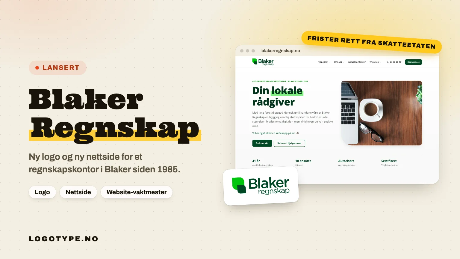 Den nye nettsiden og logoen til Blaker Regnskap, vist i et nettleservindu med overskriften Din lokale rådgiver