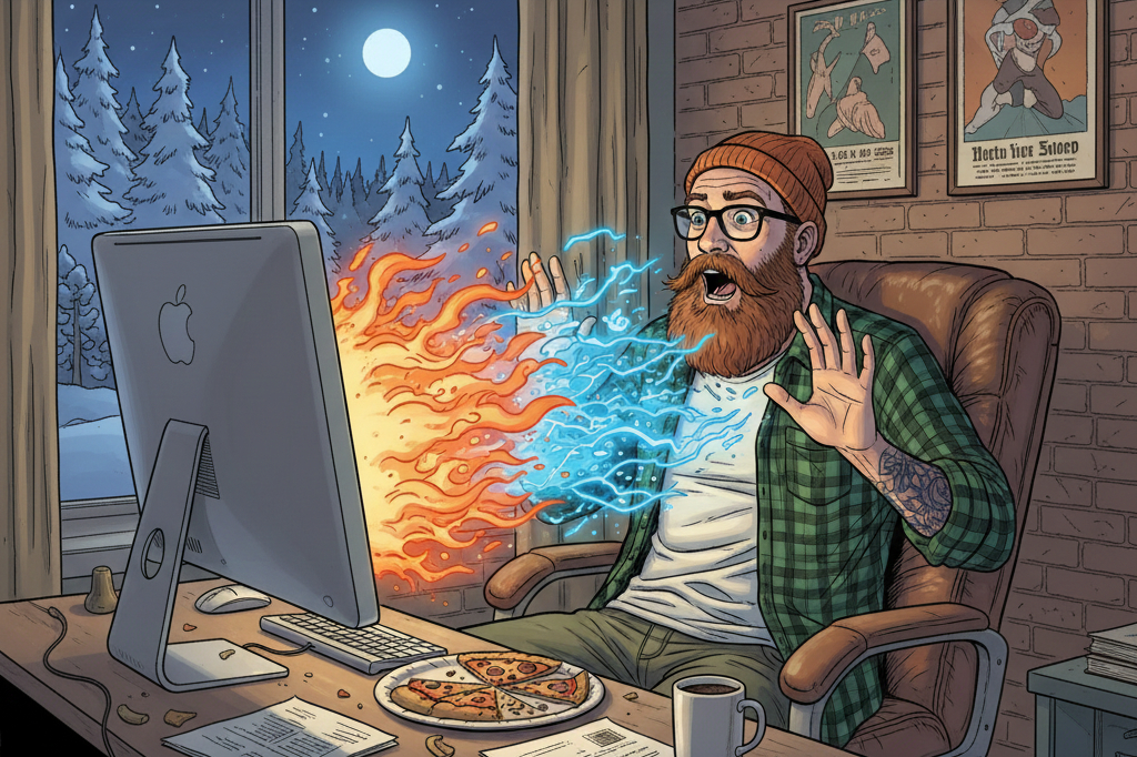 Designer som sitter foran sin mac og er overrasket over at superkrefter spruter ut fra skjermen