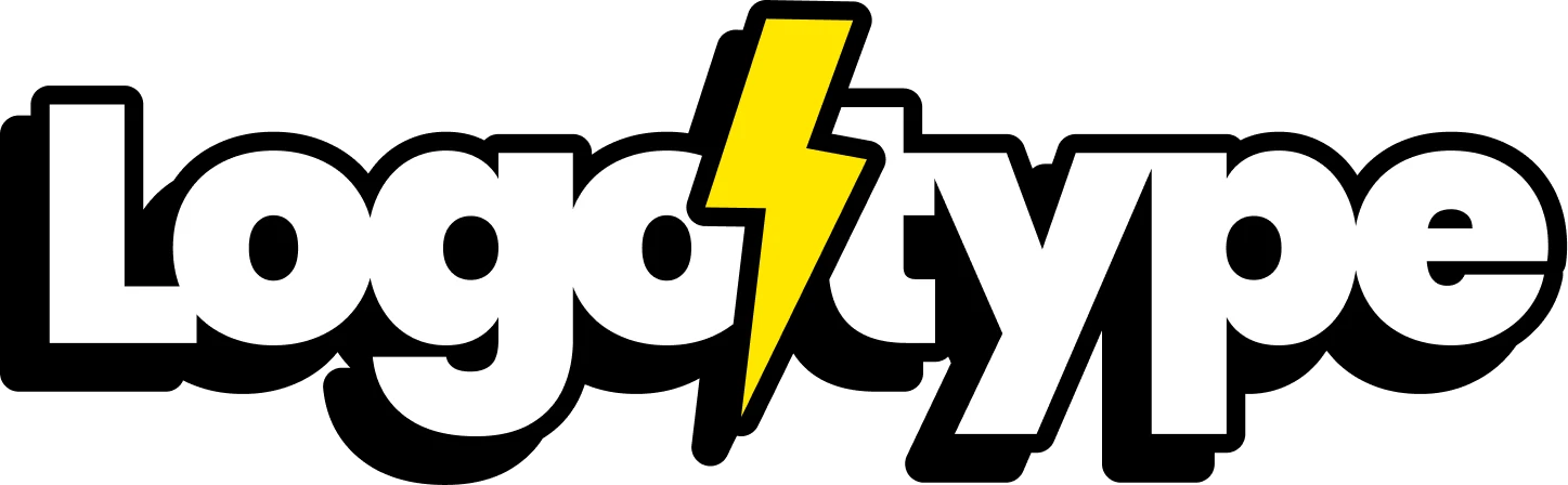 Logotypen til Logotype: navnet i fet hvit typografi med sort kontur og en gul lynkile mellom stavelsene