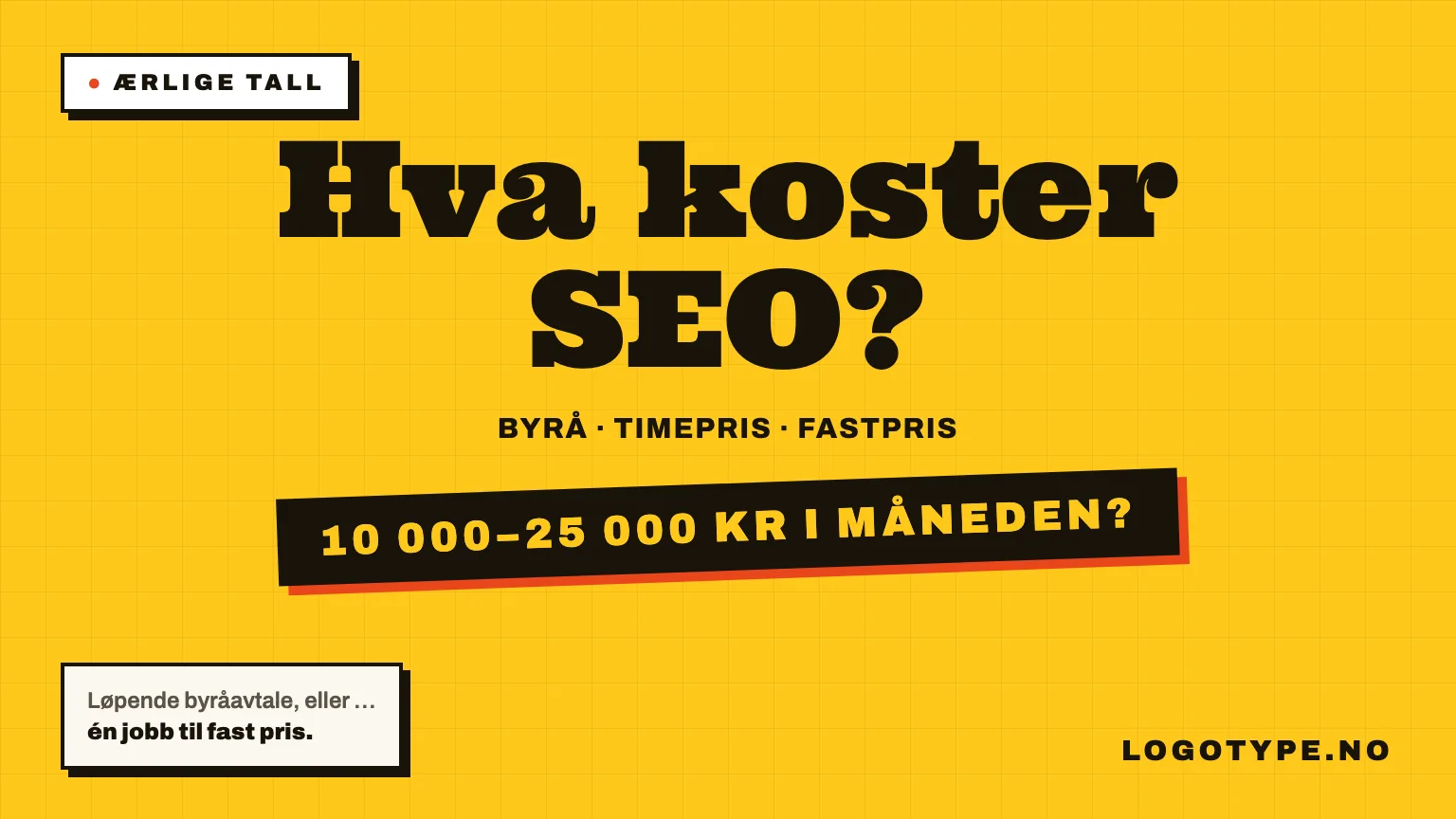 Gul plakat med teksten Hva koster SEO?, byrå, timepris og fastpris, og spørsmålet 10 000–25 000 kr i måneden?