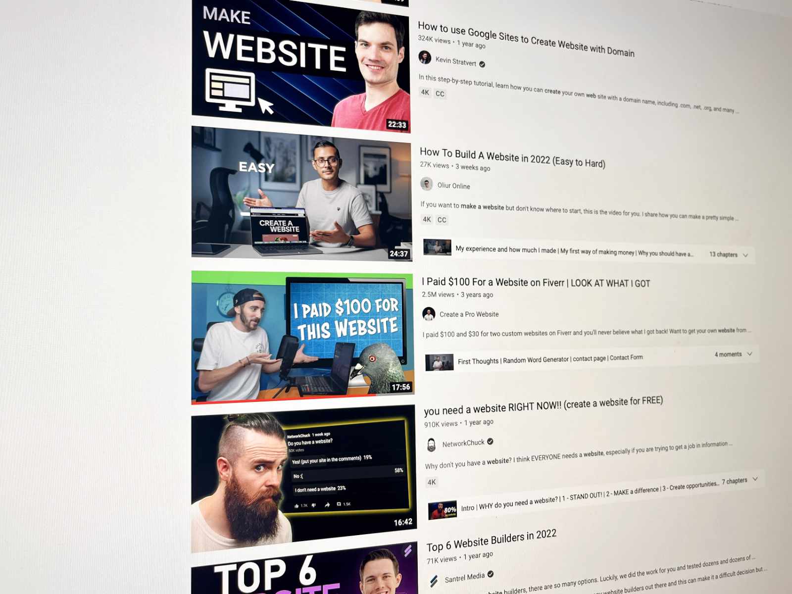 Skjermbilde, svar-resultater på YouTube-søk How to make a website.