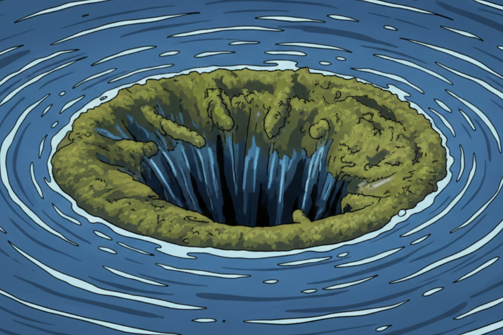 Tegneserieillustrasjon av et mosegrodd sluk i mørkeblått vann.