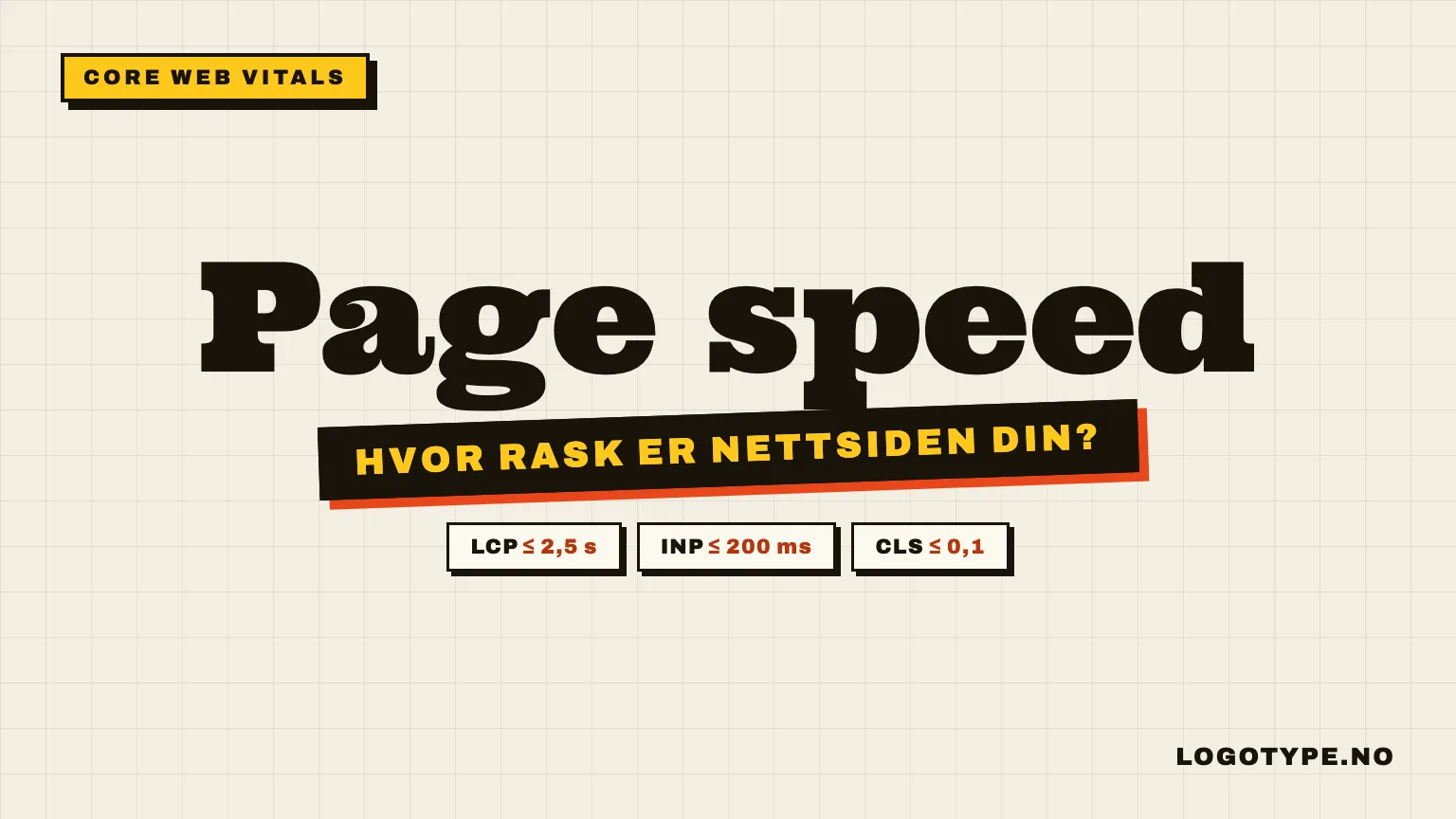 Page speed skrevet med store bokstaver på lys bakgrunn, med undertittelen hvor rask er nettsiden din, og Googles terskler for LCP, INP og CLS