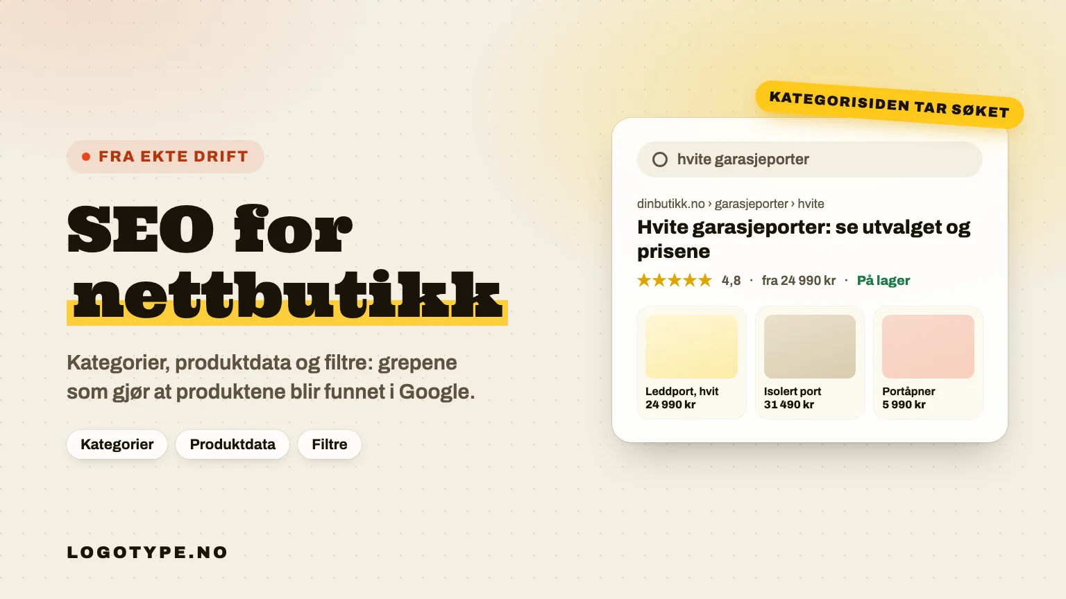SEO for nettbutikk: illustrasjon av et søkeresultat for hvite garasjeporter, der kategorisiden vises med vurdering, pris, lagerstatus og produkter
