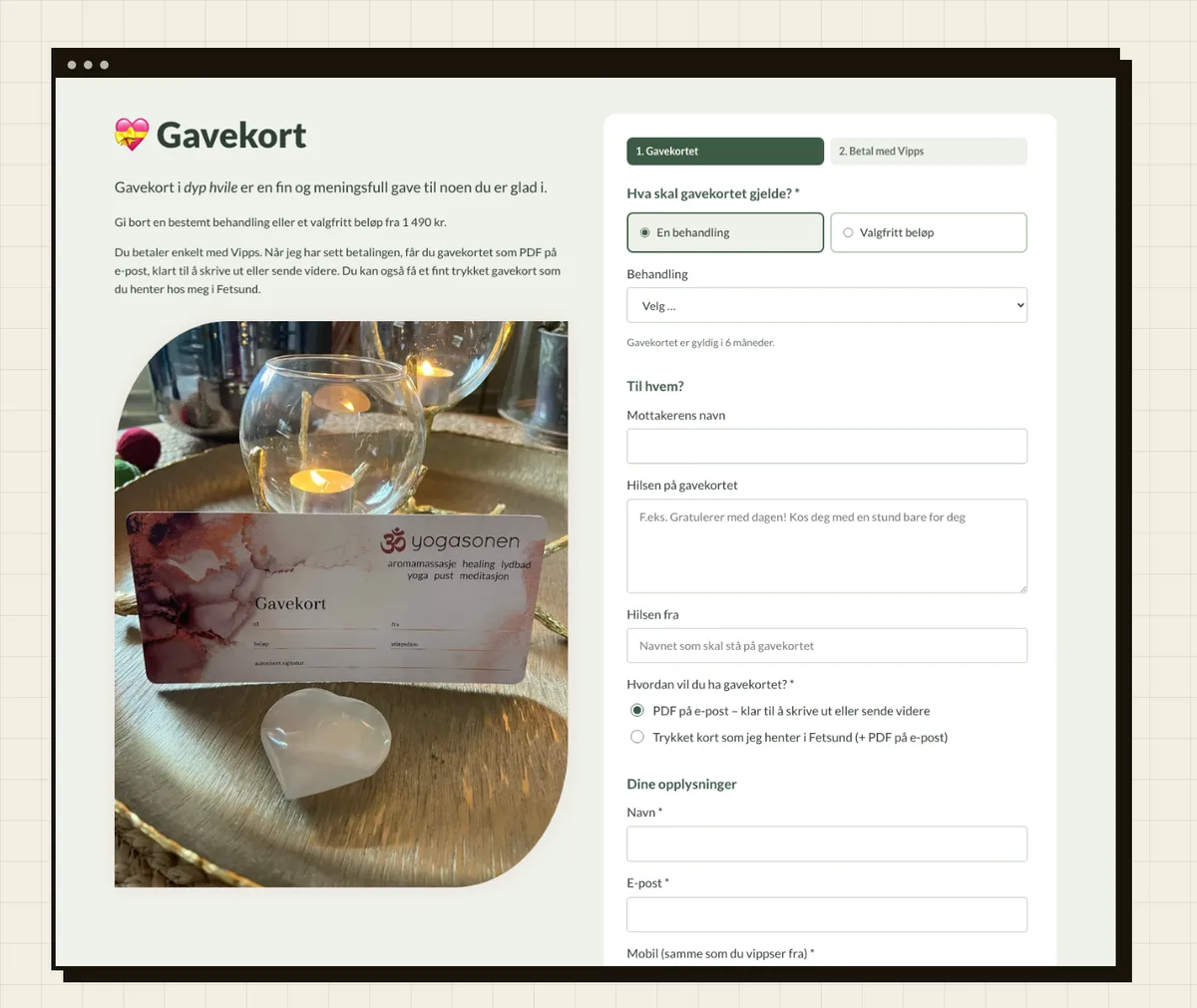 Gavekortskjemaet på den nye Yogasonen-siden, med valg av behandling eller beløp, mottaker, hilsen og levering som PDF eller trykket kort