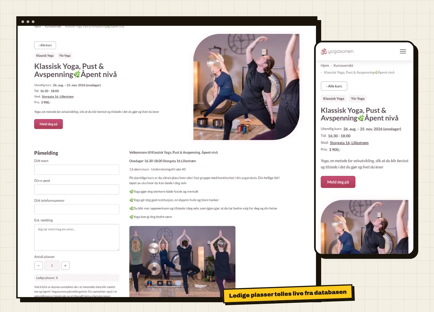 Kursside på den nye Yogasonen-siden på PC og mobil, med påmeldingsskjema og teller for ledige plasser