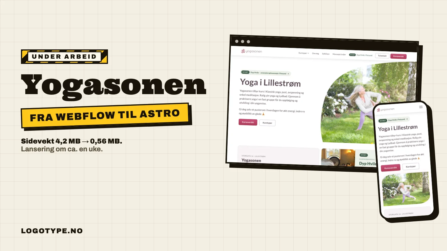 Under arbeid: den nye nettsiden til Yogasonen vist på PC og mobil, med teksten Fra Webflow til Astro