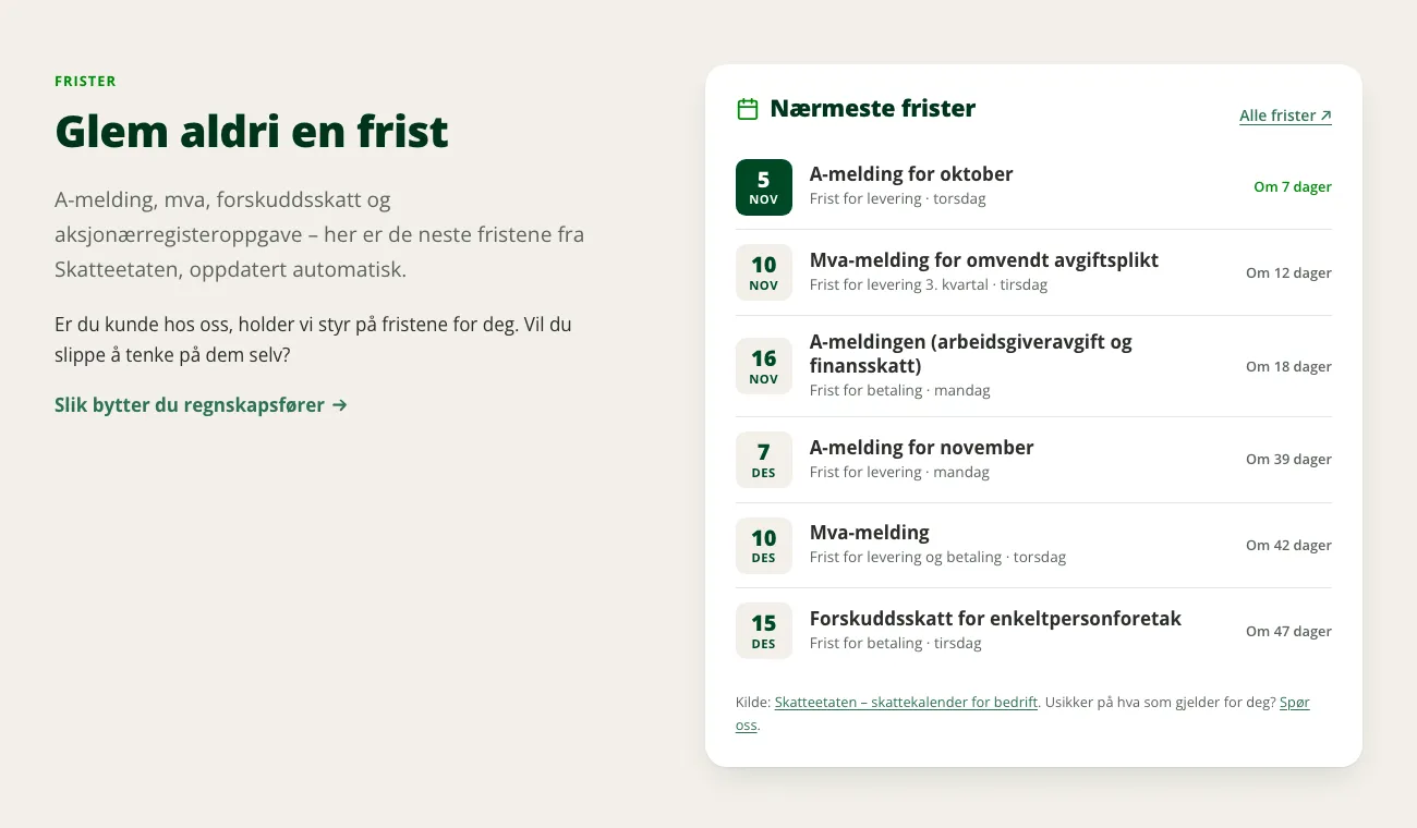 Seksjonen Glem aldri en frist på blakerregnskap.no, med en liste over nærmeste frister fra Skatteetaten og antall dager til hver frist