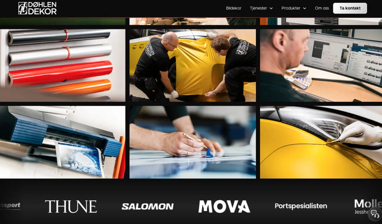 Bildekollasj fra Døhlen Dekor: folieruller, montering av gul bilfolie, designer ved skjerm, storformatprinter og detaljarbeid