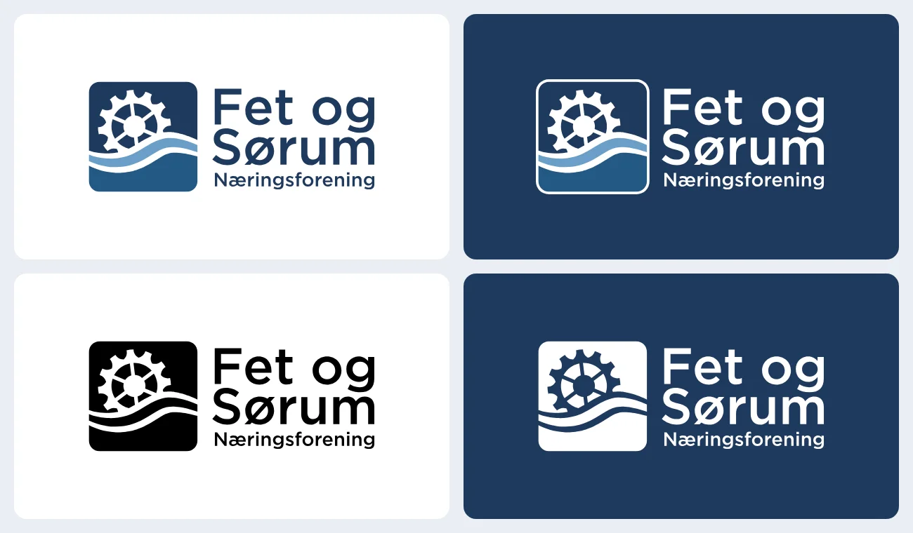 Fire varianter av FSN-logoen: farge på hvitt, negativ på marineblått, svart, og hvit på marineblått
