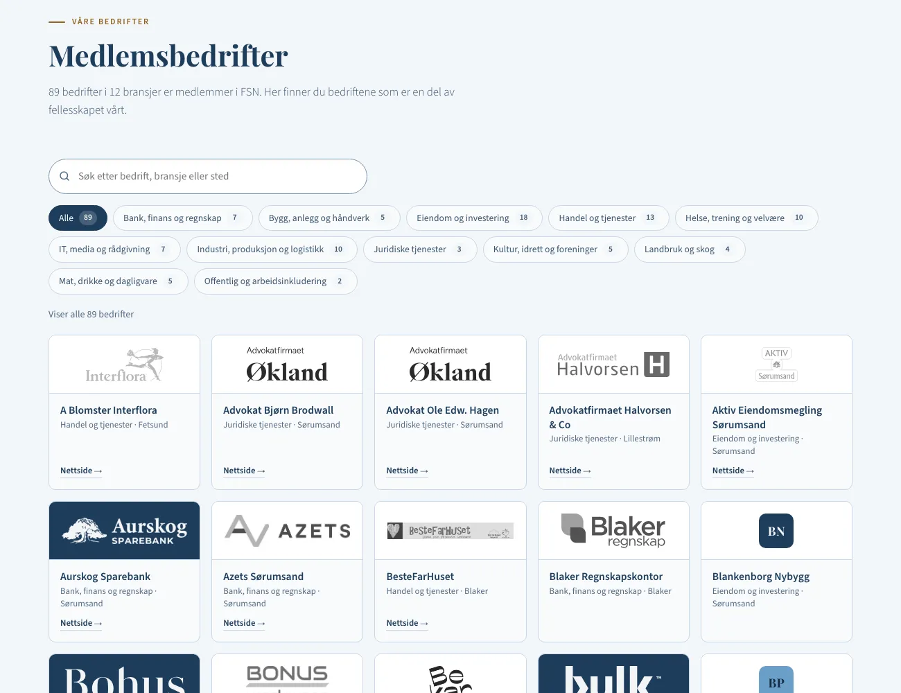 Siden Medlemsbedrifter på fetogsorum.no med søkefelt, filtre for bransjer og kort for hver bedrift med logo
