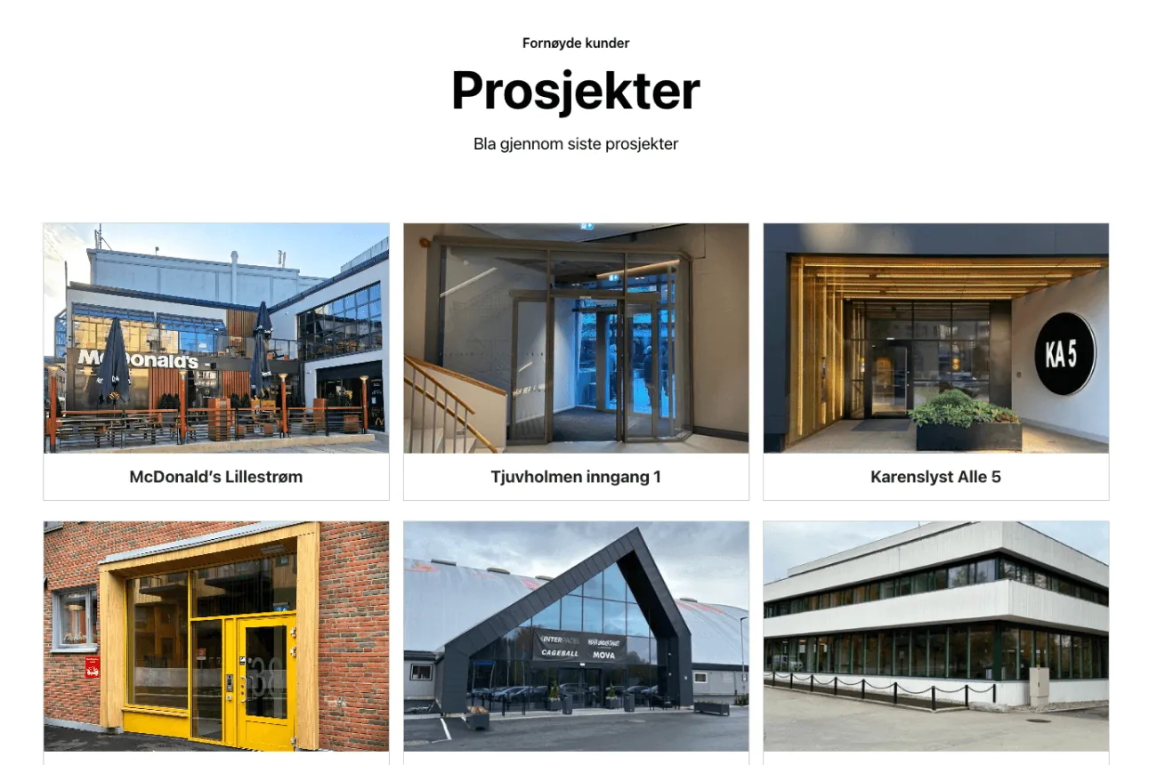 Tjenesteoversikt på noractor.no med fasader, dører og vinduer og innvendige glassvegger