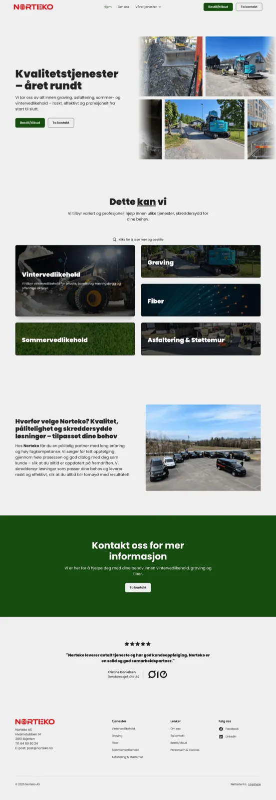 Skjermbilde av nettsiden til Norteko AS med tjenestekort for vintervedlikehold, graving, fiber, sommervedlikehold og asfaltering